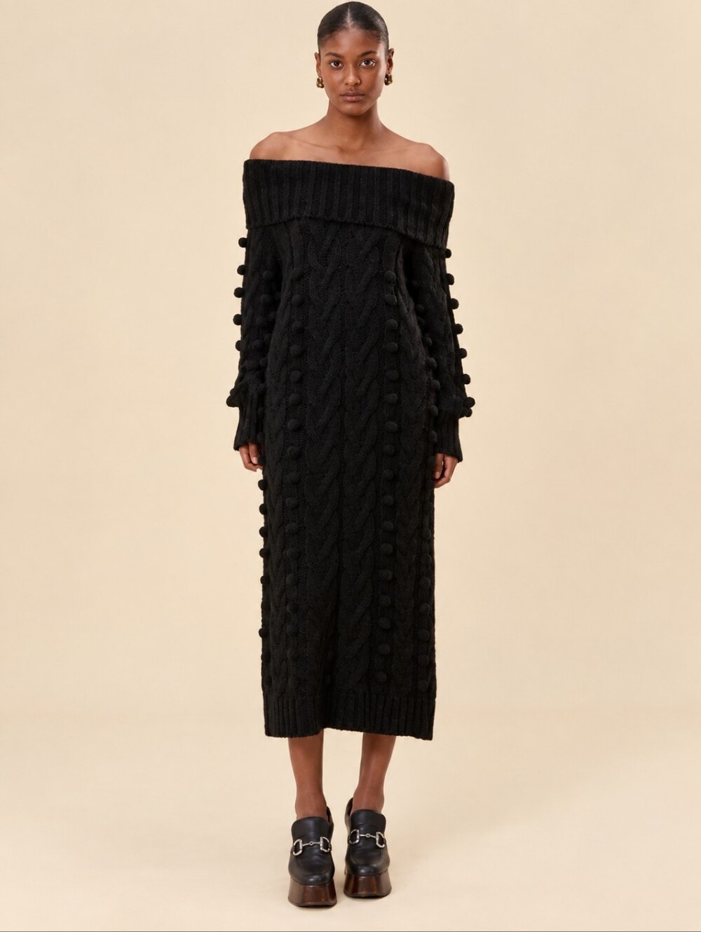 FARM Rio Black Braided Midi Sweater Dress M Cable Knit Pom Pom NWT